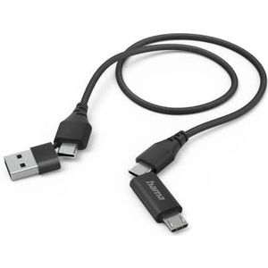 Hama Multi USB-oplaadkabel (multi-USB-oplader, 4-in-1 multi-oplaadkabel, 2 USB-C/micro-USB/USB-A, 480 Mbit/s, 1,5 m, universele USB C-kabel voor laptop, tablet, telefoon) zwart