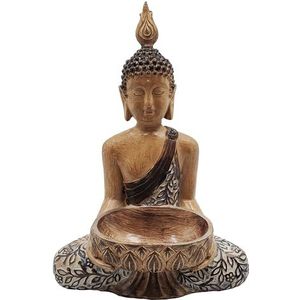 Dehner Boeddha, tuindecoratie, vorstbestendig, figuur in houtlook, met plantenschaal, ca. 41 x 28,7 x 18,5 cm, polyhars, bruin/grijs