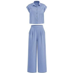 PRETTYGARDEN Two Piece Outfits For Women 2025 Trendy Lounge Wear Open Front Blouses Elastic High Waist Long Pant Suits(Solid Sky Blue,Medium)