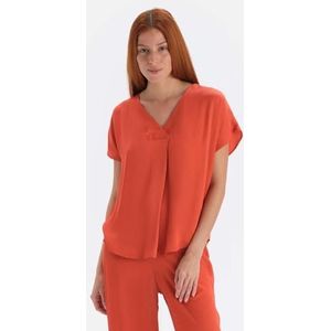 Dagi Terracotta Fashion Woven Regular Satin Short Sleeve V-hals T-shirt, Terracotta, 40, terracotta, 40