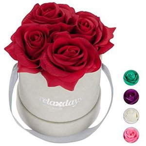 Relaxdays Rozenbox rond, 4 rozen, stabiele bloembox grijs, 10 jaar houdbaar, cadeau-idee, decoratieve bloemendoos, rood