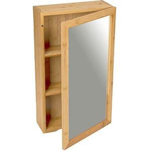 Spiegelkast bamboe, smalle bamboe badkamerkast met spiegel, magnetische sluiting, greep en twee middenplanken voor het overzichtelijk opbergen van badkameraccessoires, 35 x 60 x 15 cm