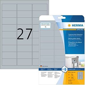 HERMA 4592 typeplaatje etiketten A4 (63,5 x 29,6 mm, 10 velles, polyesterfolie, mat) zelfklevend, bedrukbaar, extreme sterke naambordelabels, 270 etiketten voor printer, zilver