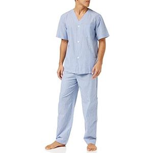 Fruit of the Loom Broadcloth Pyjamaset voor heren, met korte mouwen en lange broek, blauw gestreept, L