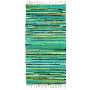 Relaxdays vloerkleed laagpolig, 70 x 140 cm, met franjes, meerkleurig, smal, van polyester, katoen, loper tapijt, groen