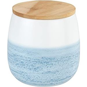 WENKO Voorraadpot Mala 1 liter, hoogwaardige, witte keramieken pot met aquareldecoratie in blauw, FSC®-gecertificeerd bamboe deksel en siliconen ring voor luchtdichte opslag, Ø 13 × 13,5 cm