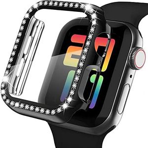 FVKOOG Hoes voor Apple Watch 44 mm, serie 6/5/4/SE, met gehard glas, beeldbescherming, kristaldiamant, strass, bumper, overall, harde PC, slanke beschermhoes voor iWatch 44 mm, zwart