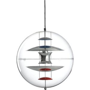 VerPan Hanglamp VP Globe (1969) / acryl glazen bol transparant/aluminium versmolten gedeeltelijk rood en blauw gelakt/ø 40 cm pendellengte 400 cm 1016000001