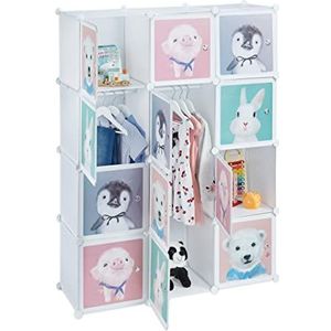 Relaxdays kinderkast, 8 vakken, met deuren, babydieren prints, HxBxD: 145x109x37 cm, grote opbergkast kinderkamer, wit