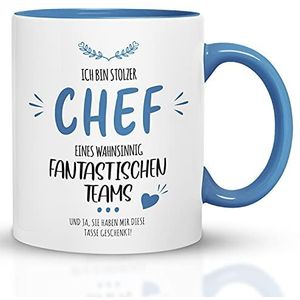 Kaffeebecher24 - Mok met spreuk Stolzer Chef eines wahnsinnig Fantastisch Teams - Vaatwasserbestendig - Chef Cup grappig - Cadeau voor baas - Grappige mok - Lichtblauw