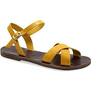 36 Geel Emmanuela Griekse handgemaakte lederen sandalen met verstelbare gesp-riemen, zomerschoenen met enkelbanden voor vrouwen, slingback sandalen met open tenen