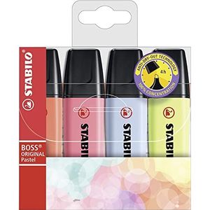 Tekstmarkeerstift - STABILO BOSS ORIGINAL Pastel - 4 stuks - koraal rood, kersenbloesem roze, baby blauw, snufje lime