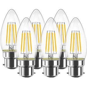 LVWIT 6W B22 Filament LED Edison lamp C35, 2700K warm wit, vervanging voor 60W gloeilamp, ultrahelder 806 lm, rustieke lamp in kaarsvorm, filamentstijl helder (6 stuks)