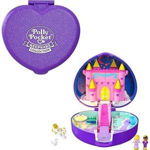 Polly Pocket Verzamelcollectie Kasteel met Verlichte Sterretjes Compact, Sprookjeskasteelthema, Speciale Doos, Poppen van Polly en een Prins, Koets en Eenhoorn, Verzamelobject, vanaf 4 jaar, HFJ64