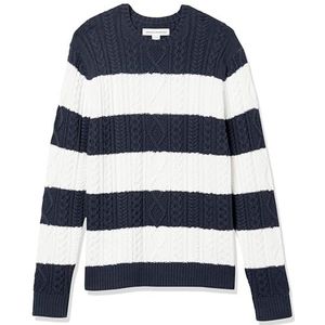 Amazon Essentials Heren lange mouwen 100% katoen visser kabel ronde hals trui, marineblauw wit rugby streep, XL