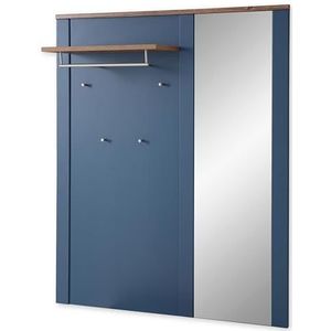 Stella Trading Dijon Garderobepaneel met spiegel in Parijs blauw, haveleiken cognac look moderne hoedenplank met betrouwbare wandhaken voor jassen en tassen, houtmateriaal