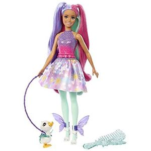 Barbie Pop met Sprookjesachtige Outfit en Dierenvriendje, geïnspireerd op Barbie A Touch of Magic, The Glyph, fantasiehaar en kam HLC35