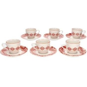 Avilia Set van 6 koffiekopjes met schoteltjes, set van 6 kopjes en schoteltjes met Arabische decoraties, porselein, 90 ml, wit en rood