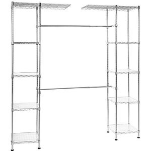 Amazon Basics Uitbreidbare kledingkast en kastorganizer/rail met 10 in hoogte verstelbare planken - maximaal gewicht 521 kg, chroom, 35,6 cm-160 cm x 147,3 cm-183 cm