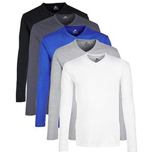 Lower East Heren Shirt met lange mouwen, V-hals, Wit/zwart/Olympia blauw/grijs melange/Folkstone grey, set van 5, M