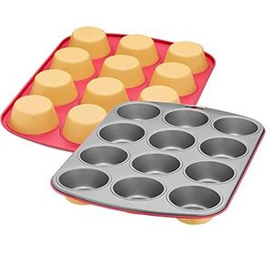 Original Kaiser Happy Colors Muffin bakplaat voor 12 muffins, muffinvorm 38 x 27 cm, antiaanbaklaag, standaardformaat, cupcake vormen, happy bicolor, oranje-roze