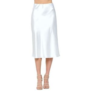 Women Solid High Waist Silky Casual Elastic Satin Midi Skirt - Made in USA(Small,Ivory)