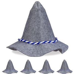 Relaxdays tiroler hoed, set van 5, blauw-wit koord, verkleedhoed carnaval, grote flap, beierse hoed vilt, grijs/blauw
