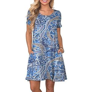 Bequemer Laden Zomerjurk voor dames ongedwongen losse korte mouwen T-shirt jurk knielengte ongedwongen jurk tuniek effen/bloemig elegante swingjurken met zakken