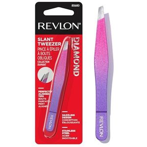 Revlon Diamond Collection Slanted Tip Tweezers, Ultra-Sharp for Precision Eyebrow Shaping and Facial Hair Removal, Made with Stainless Steel, Pink & Purple, 1 Count
