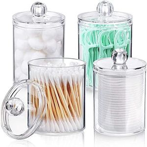 AOZITA 4-pack wattenschijfje, wattenstaafjeshouder dispenser voor katoenen bal, wattenstaafje, ronde pads, floss - 10 oz doorzichtige plastic apotheekpot set badkamer canister opslag organisatie,