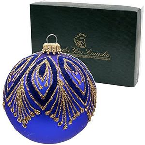 Lauschaer Kerstboomversiering - Set van 6 glazen ballen in donkerblauw, mondgeblazen en met de hand versierd met pauwenveer - Decor, gevlokt, met gouden kroontjes, diameter ca. 8 cm