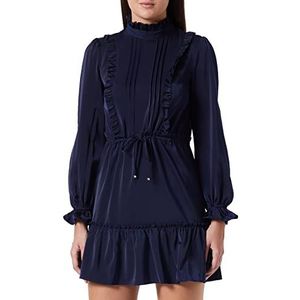 Pretty Darling Vrouwen Navy Ruffle Binding Detail Satijn Shirt Jurk Casual, marineblauw, 34-36