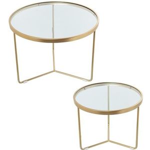 DRW Set van 2 ronde tafels van metaal en glas in goud en transparant, 60 x 45 en 45 x 38 cm
