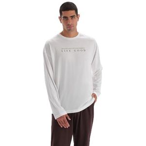 Dagi Gedetailleerde pyjamaset met lange mouwen voor heren, katoenen modale T-shirt en broek, pyjamaset, Ecru, XL