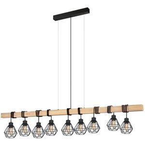 EGLO Hanglamp Townshend 5, 9-lichts vintage hanglamp in industrieel design, retro hanglamp van staal en hout, kleur: zwart, bruin, fitting: E27