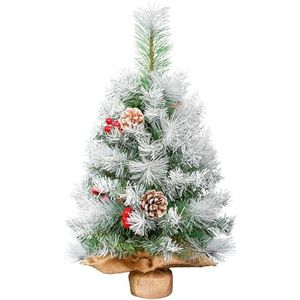 Mini kerstboom, 60 cm kleine kerstboom met sneeuw, echte dennenappels, rode bessen, decoratie voor Kerstmis, kantoor, woonkamer, keuken, vensterbank, Kerstmis, desktop, eettafel