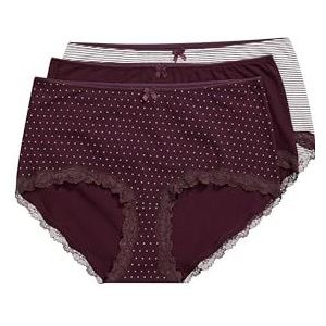 Ulla Popken dames grote maten grote maten plus size hipster 3-pack, strepen, stippen, effen, druivenrood, 42-44