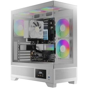 GAMDIAS ATLAS M1 WH Gaming ATX Mid Tower Computer PC-hoes, aangepaste monitor met software, 3 x 120 mm ARGB PWM-ventilatoren (2 inlaat), panoramisch gehard glazen display, geperforeerde