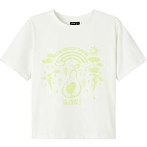 NAME IT Meisjes NLFHASBERRY SS Short L TOP T-shirt, White Alyssum/Print: Shadow Lime, 158/164, Witte alyssum/print: schaduwlime, 158/164 cm