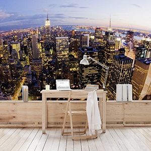 Apalis Vliesbehang New York Skyline 's nachts fotobehang breed | vliesbehang wandbehang foto 3D fotobehang voor slaapkamer woonkamer keuken | meerkleurig, 94733