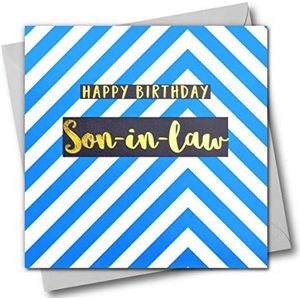 Gelukkige Verjaardag Zoon in wet, Blauwe Chevrons, Wenskaart met tekst Verijdeld in Glanzend Goud