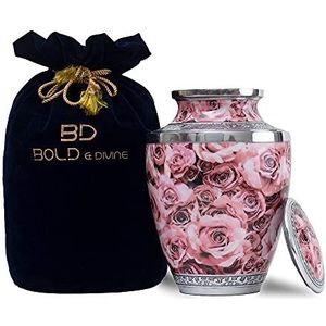 BOLD & DIVINE Handgeschilderde roze roos crematie-urn | groot | 200 kubieke inch | voor menselijke as volwassen herdenking, begrafenis, begrafenis crematie urn