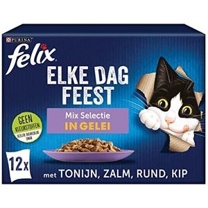 Felix Elke Dag Feest Mix Selectie kattenvoer, natvoer met Tonijn, met Zalm, met Kip en met Rund in Gelei 12x85g- doos van 4 (48 portiezakjes, 4,08kg)