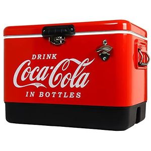 Coca-Cola Retro ijskist koelbox groot met flesopener 51L (54 qt), 85 blikcapaciteit draagbare ijsdoos, perfect voor drank, camping, strand, camper, barbecue, achterkleven, visdrank, rood