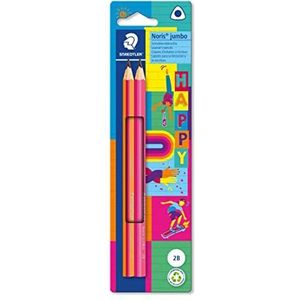 STAEDTLER Dikke driehoekige potloden Noris Jumbo Happy in kleurrijke streep, hoge breukvastheid, hardheid 2B, 2 potloden in kartonnen hangkaart, 119 BK2 HA