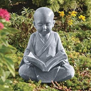 Design Toscano Baby Boeddha bij het lezen van de vijf geboden, Aziatisch tuinbeeld, polyhars, steengrijs, 30 cm