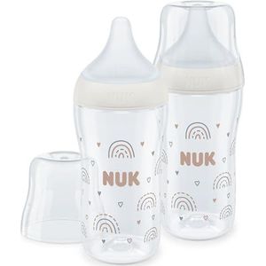 NUK Perfect Match babyflesset, 3 maanden, geschikt voor het gehemelte van de baby, temperatuurregeling, anti-koliek ventilatieopening, 260 ml, BPA-vrij, fopspeen M van siliconen, regenboog, 2 stuks