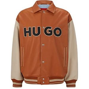 HUGO Luganos College-jas voor heren, van leer in Colour-Block-design, met logo, oranje, L