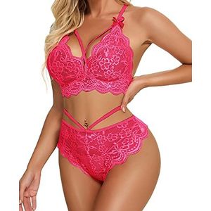 Namifin Women's Lace Lingerie Bra and Panty Set Strappy Babydoll Bodysuit Pink Small