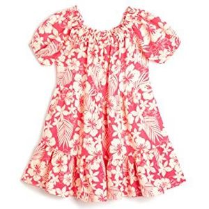 Koton Linnen jurk met bloemenprint en pofmouwen, Roze Design (2d8), 4-5 jaar